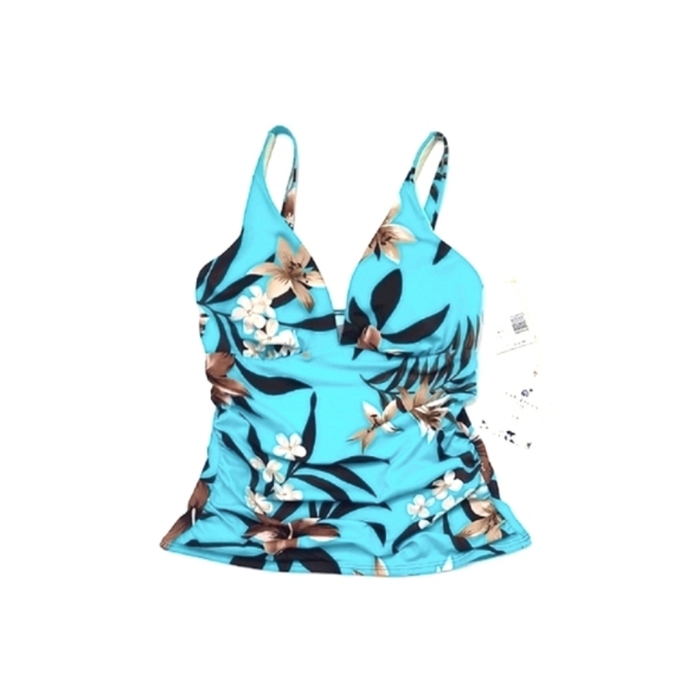 Caribbean Joe Tankini Swimsuit Top Tropical Print V-Neck Molded Cups Floral NWT